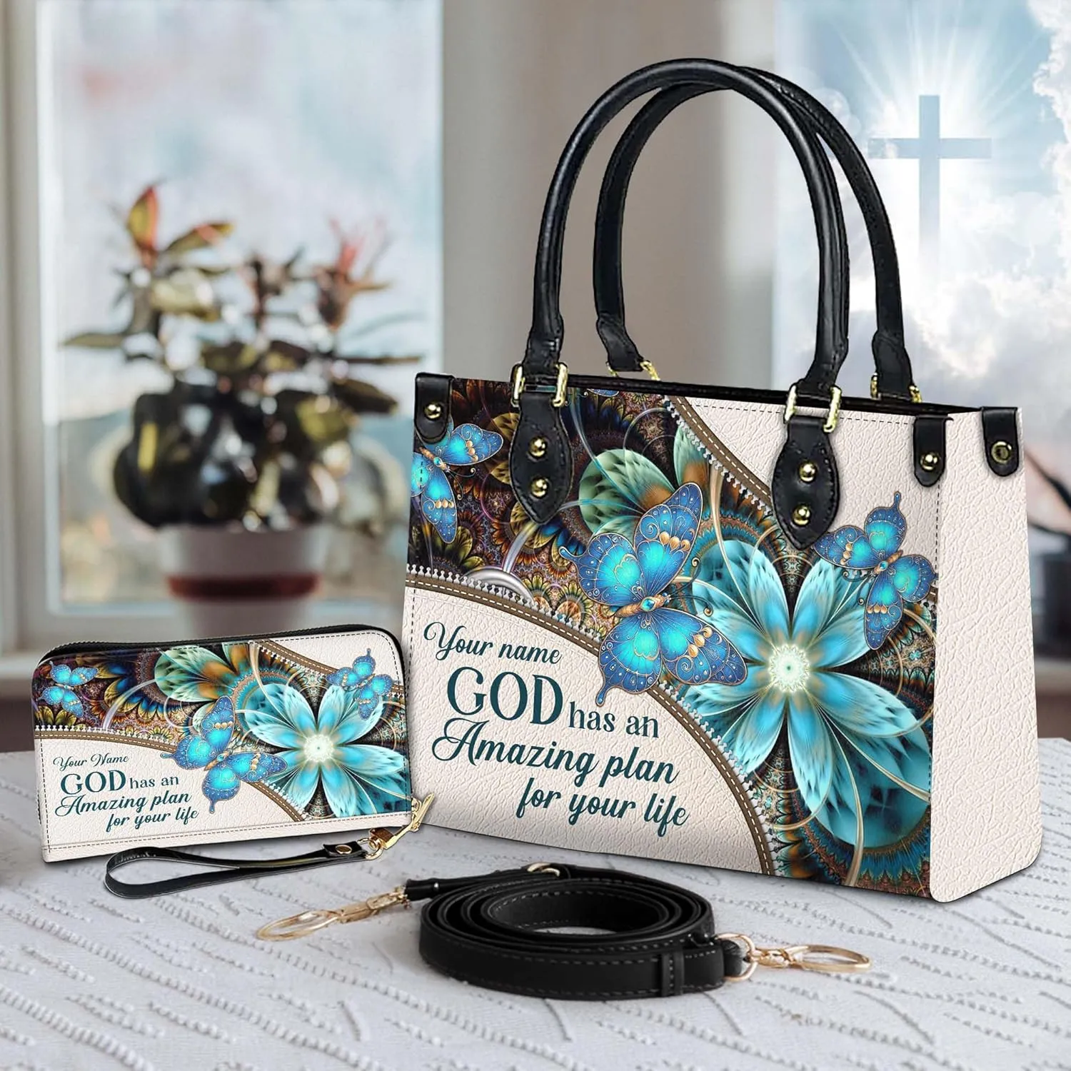 Personalized Leather Handbag for Women – Matching Purse and Wallet Set – Custom Name Church Bags, Mother's Day Gift