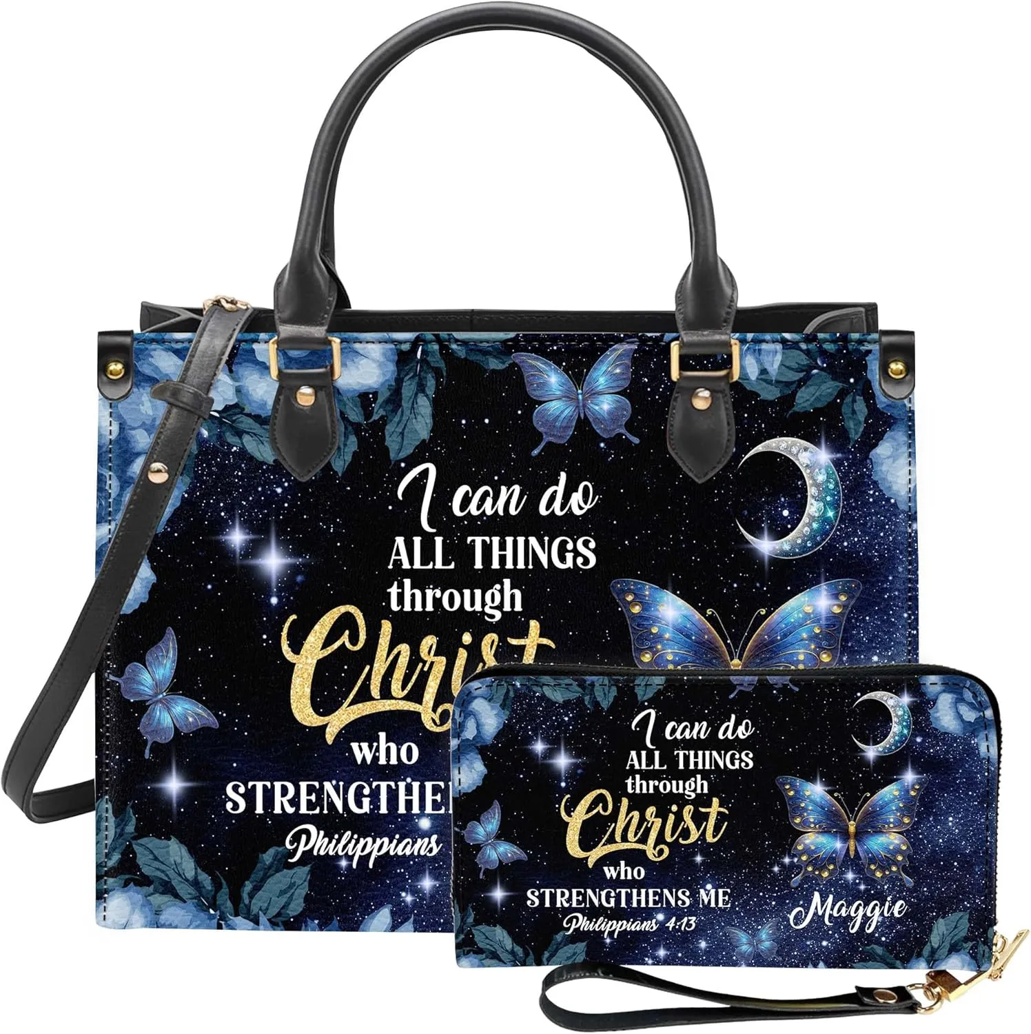 Personalized Leather Handbag for Women – Matching Purse and Wallet Set – Custom Name Church Bags, Mother's Day Gift