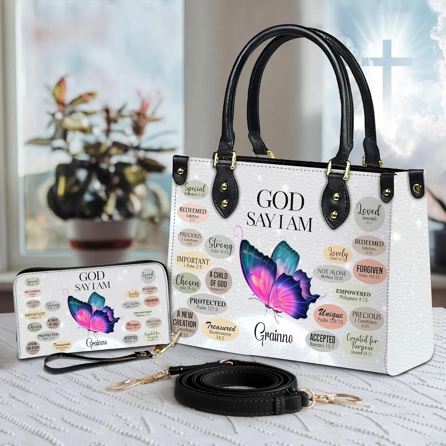Personalized Leather Handbag for Women – Matching Purse and Wallet Set – Custom Name Church Bags, Mother's Day Gift
