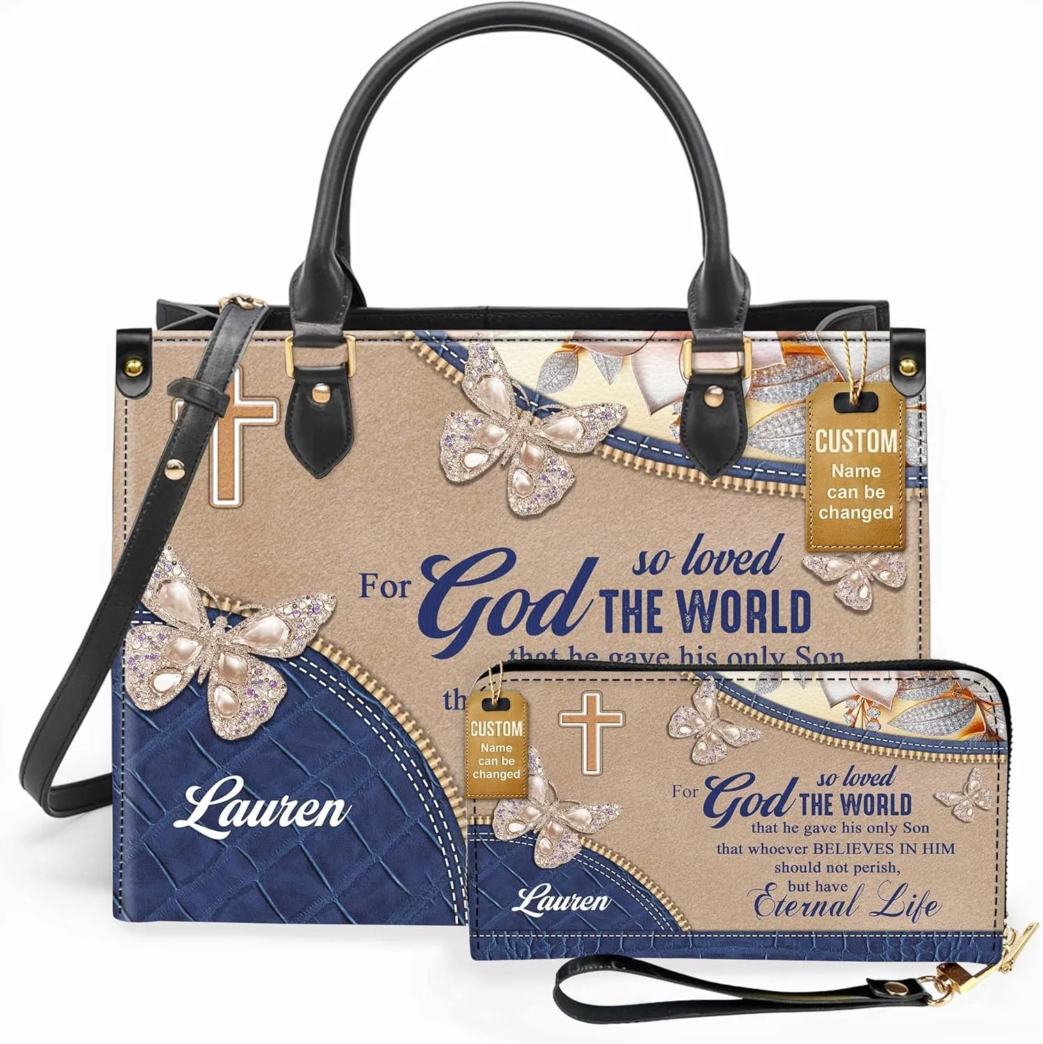 Personalized Leather Handbag for Women – Matching Purse and Wallet Set – Custom Name Church Bags, Mother's Day Gift