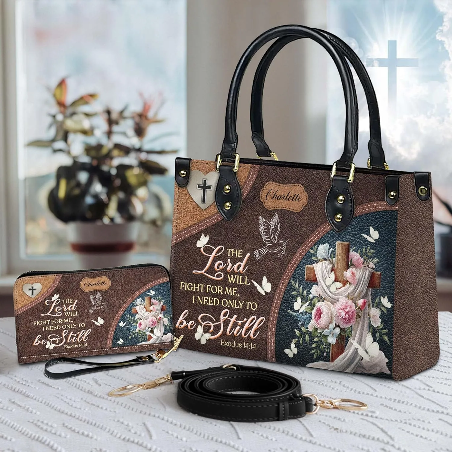 Personalized Leather Handbag for Women – Matching Purse and Wallet Set – Custom Name Church Bags, Mother's Day Gift