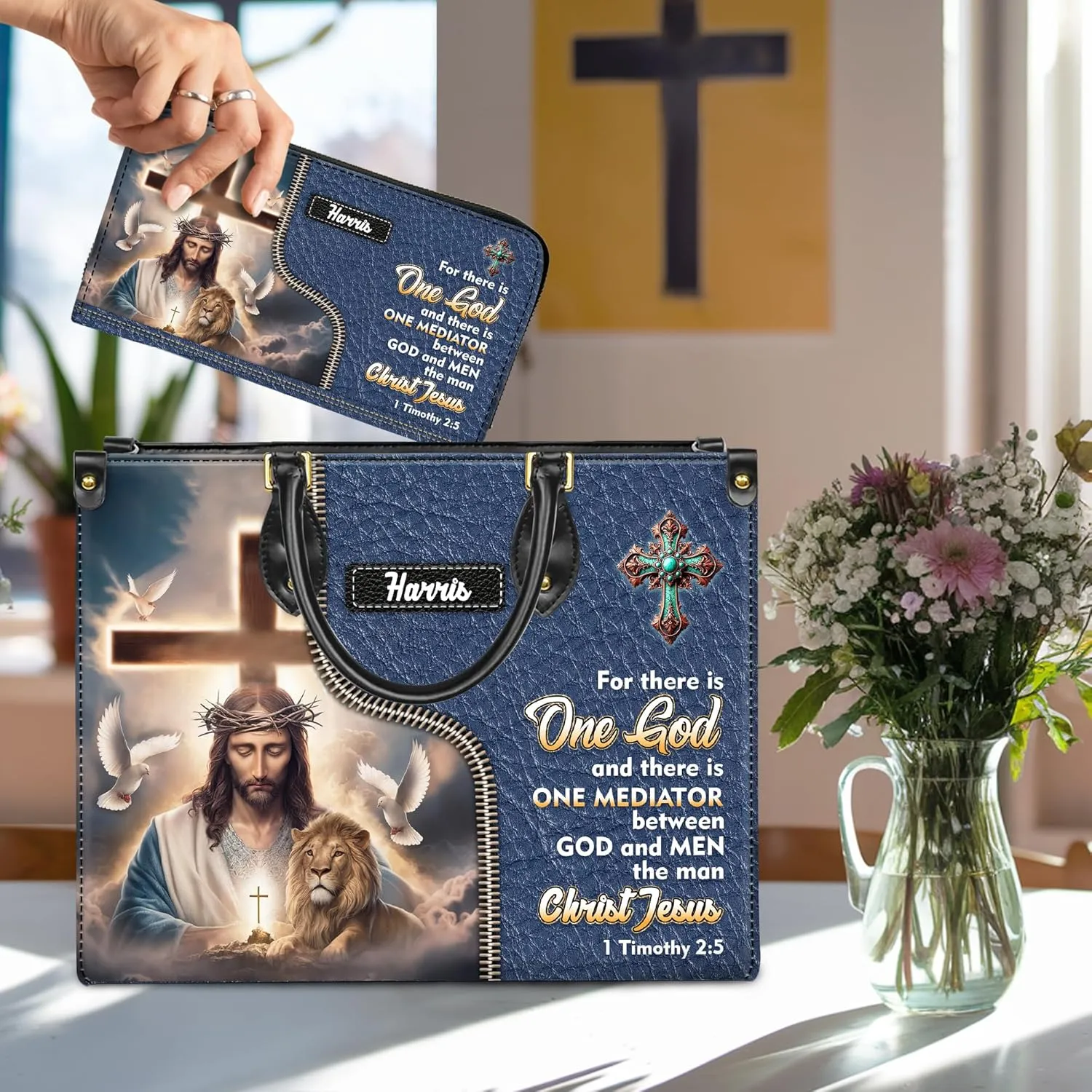 Personalized Leather Handbag for Women – Matching Purse and Wallet Set – Custom Name Church Bags, Mother's Day Gift