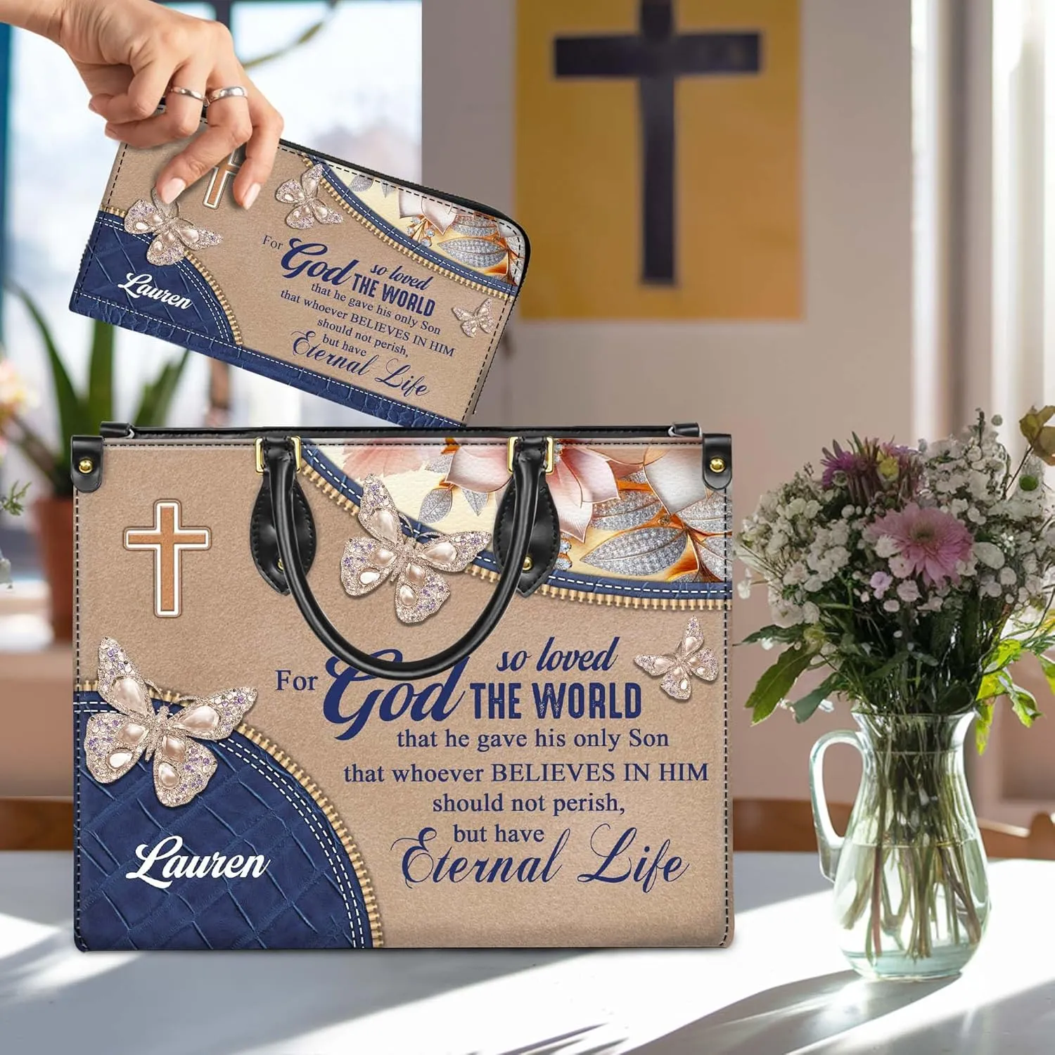 Personalized Leather Handbag for Women – Matching Purse and Wallet Set – Custom Name Church Bags, Mother's Day Gift