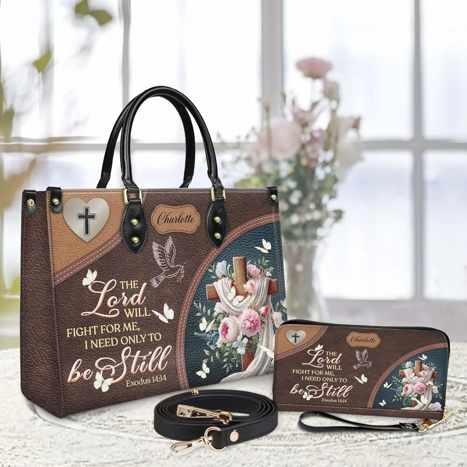 Personalized Leather Handbag for Women – Matching Purse and Wallet Set – Custom Name Church Bags, Mother's Day Gift