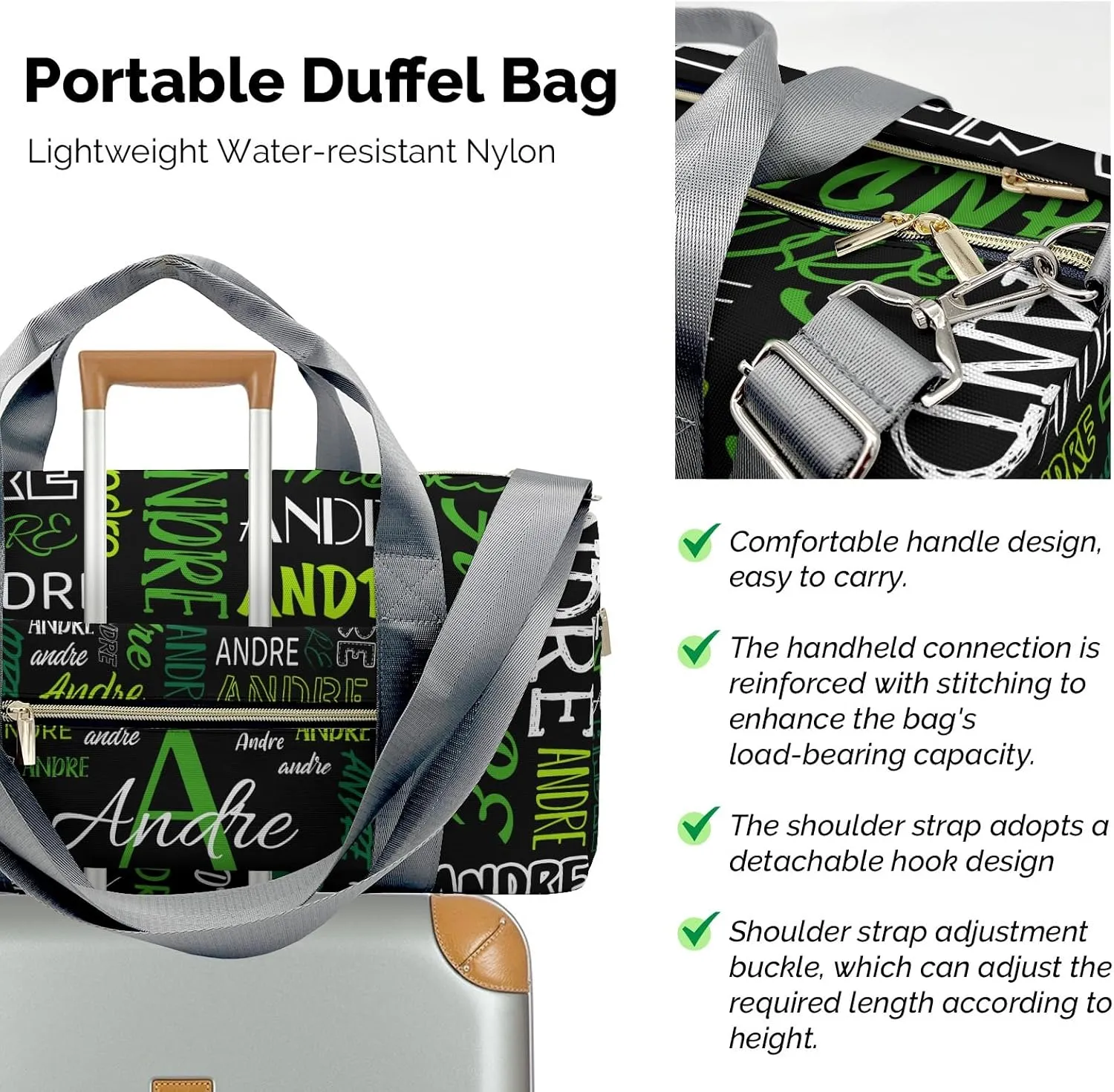 Personalized Luggage Bag Black Green Customized Travel Bag with Name Sports Bag Dance Bag Weekend Vacation Gym Bag
