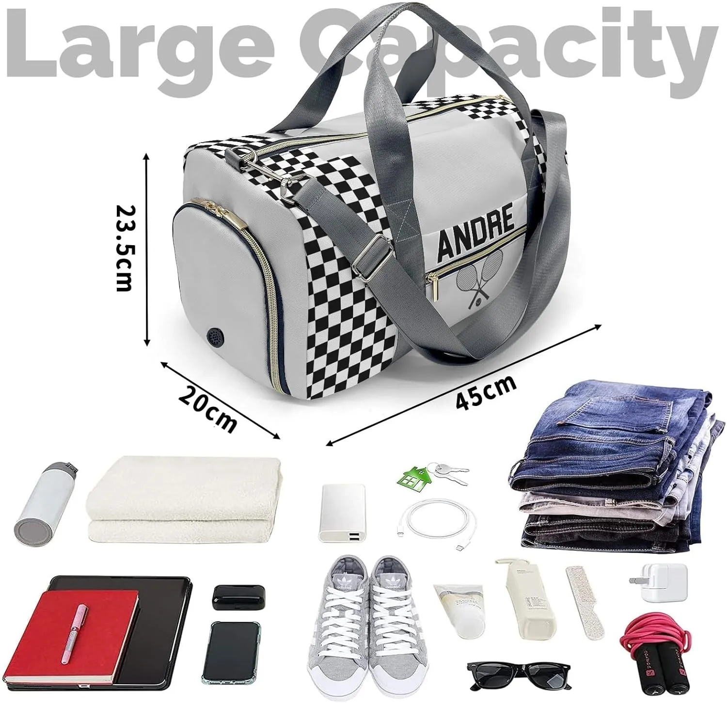 Personalized Luggage Bag Grey Customized Travel Bag with Name Sports Bag Dance Bag Weekend Vacation Gym Bag
