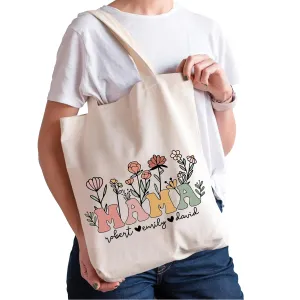 Personalized Mama Flowers Tote Bag Gift for Mothers Day, Custom Name Colorful Tote Bags for Mom, Grandma, Sister, Aunt, Teacher, Customizable Rope Bags for Women, Reusable Shopping Totes Beach Bag