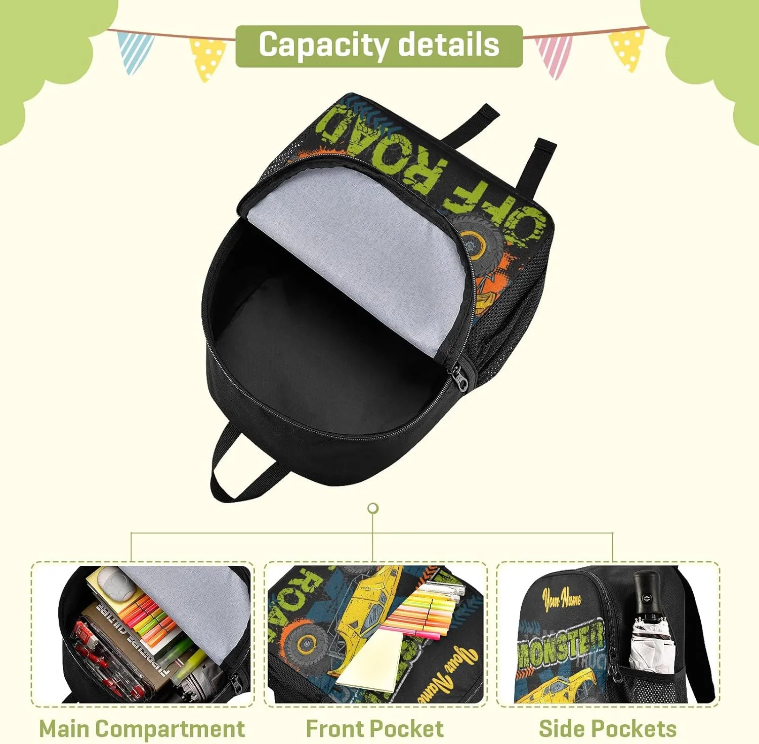 Personalized Monster Truck Kids Backpacks for Boys Preschool Backpack Light School Travel Backpacks with Name