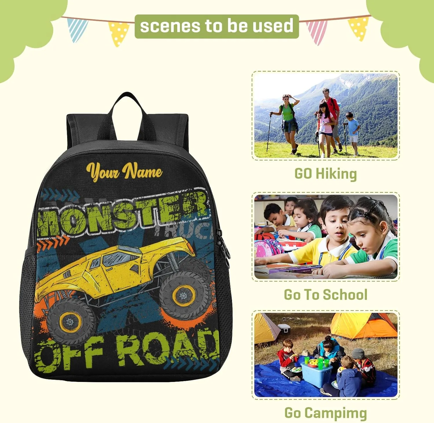 Personalized Monster Truck Kids Backpacks for Boys Preschool Backpack Light School Travel Backpacks with Name