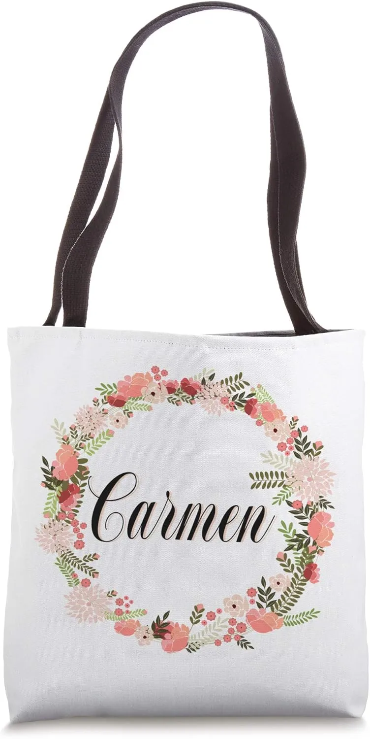 Personalized Name Carmen Floral Flourish Bridesmaid Shopping Tote Bag