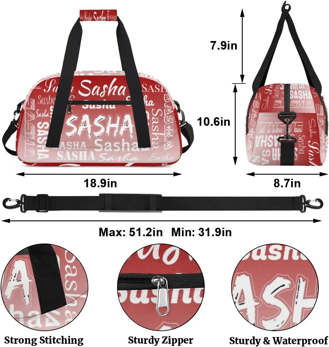 Personalized Name Dance Bag Cheer Gymnastics Bags, Custom Duffel Bag Cheer Bags, Custom Sport Duffel Gym Bags Deep Red Gradient Travel Overnight Weekender Bags