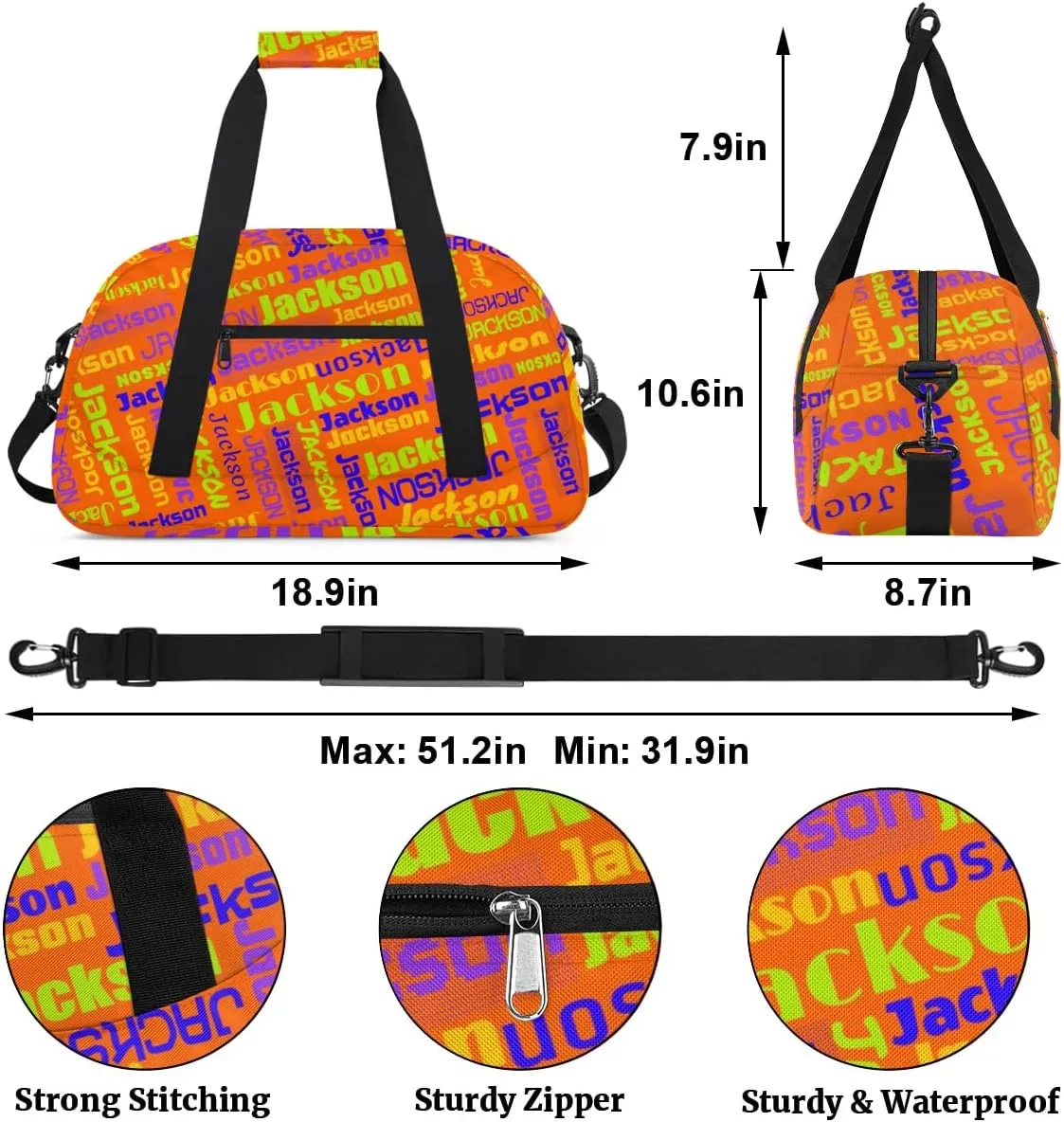 Personalized Name Gym Duffel Bags for Girls Kids Boys with Custom Sport Dance Perform Training Bags for Overnight Weekender Travel,Orange
