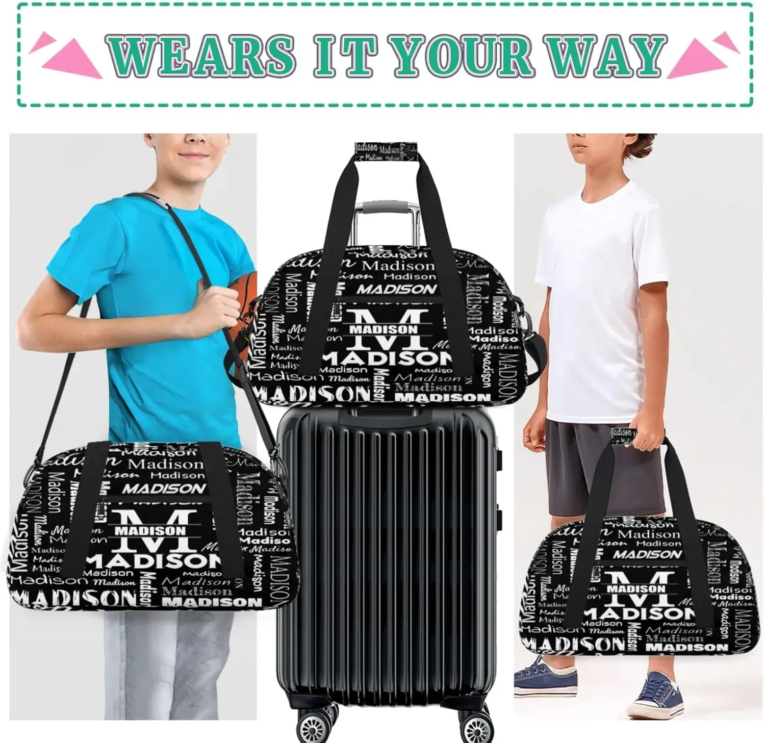 Personalized Name Sports Duffel Bags, Gym Dance Duffel Bag Sleepover Weekender Training Bags Travel Duffel Bag, Black