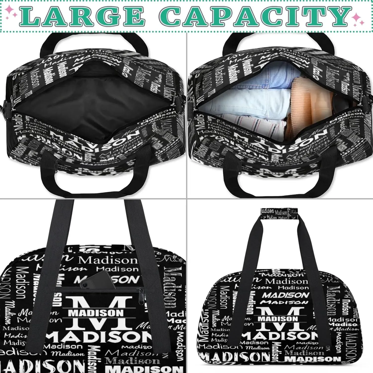 Personalized Name Sports Duffel Bags, Gym Dance Duffel Bag Sleepover Weekender Training Bags Travel Duffel Bag, Black