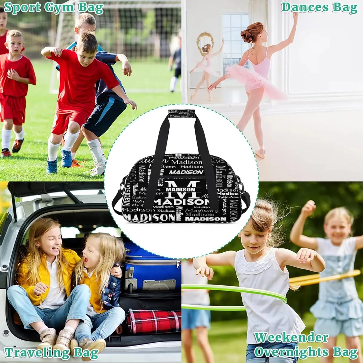 Personalized Name Sports Duffel Bags, Gym Dance Duffel Bag Sleepover Weekender Training Bags Travel Duffel Bag, Black