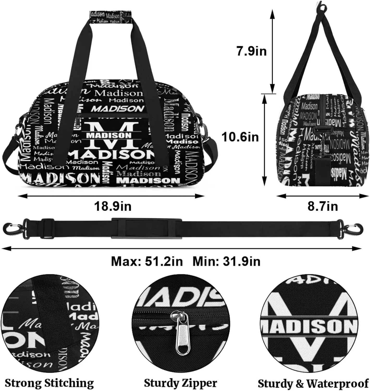 Personalized Name Sports Duffel Bags, Gym Dance Duffel Bag Sleepover Weekender Training Bags Travel Duffel Bag, Black