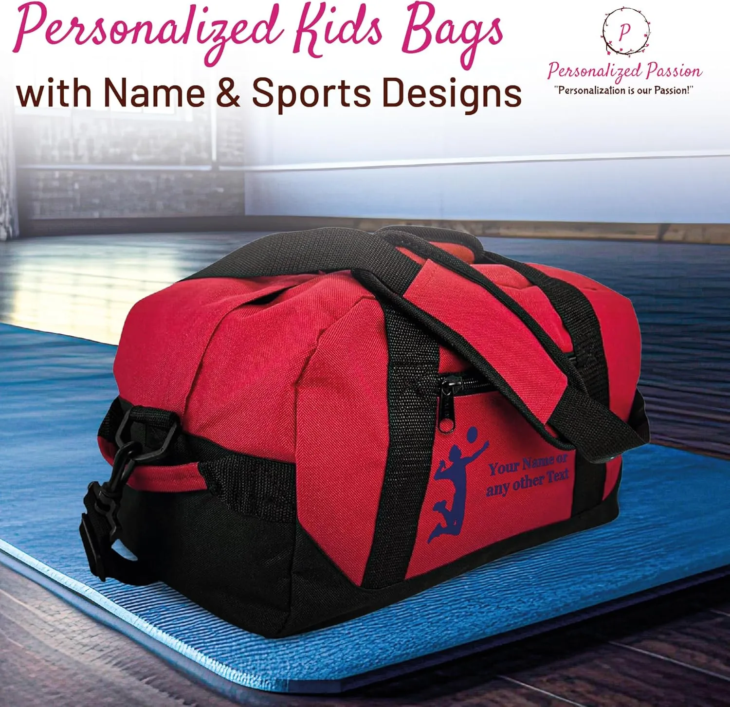 Personalized Passion Passion Custom Small Sports Duffel Bags for Kids - 14” Waterproof Travel Duffle with Name & Martial Arts Design - Red Two-Toned Kids Weekender Bag for Boys and Girls