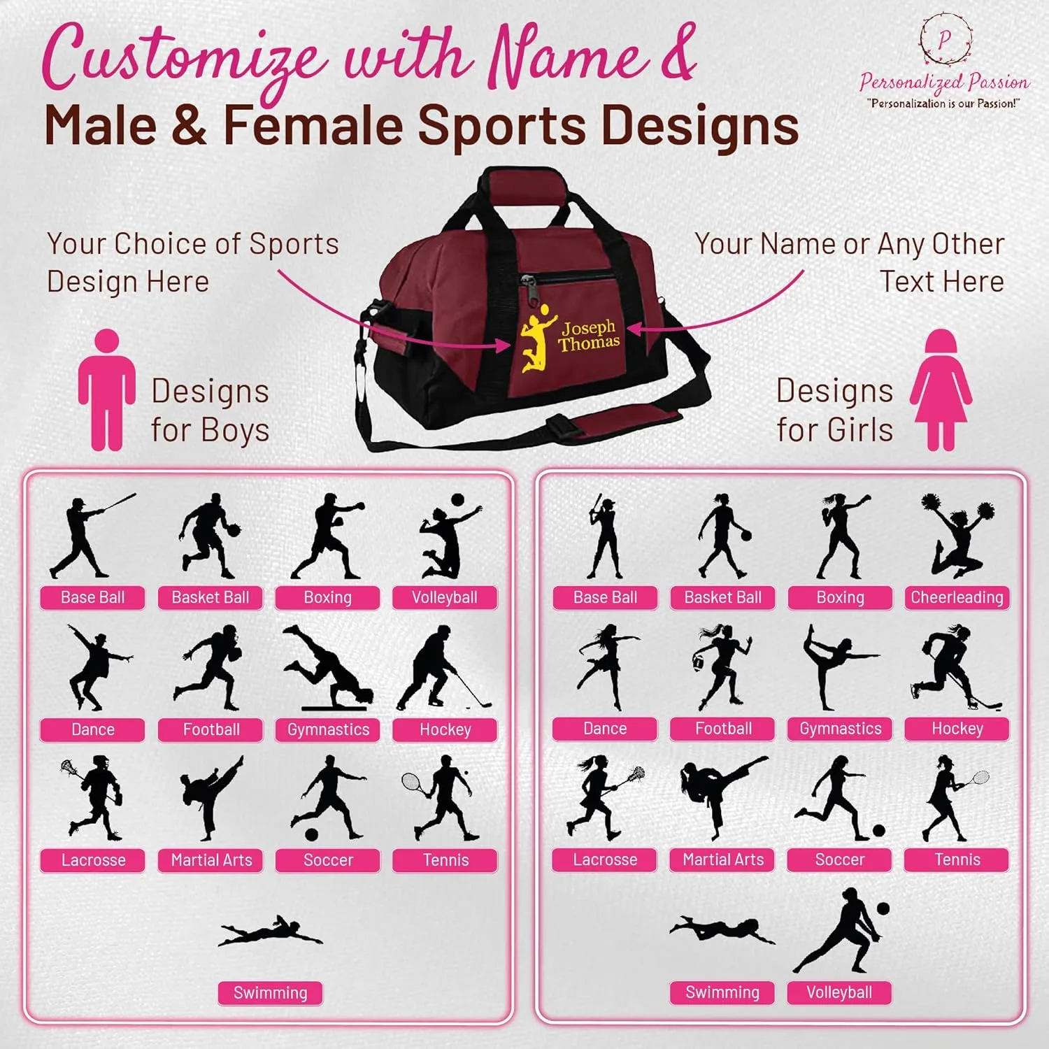 Personalized Passion Passion Custom Small Sports Duffel Bags for Kids - 14” Waterproof Travel Duffle with Name & Martial Arts Design - Red Two-Toned Kids Weekender Bag for Boys and Girls