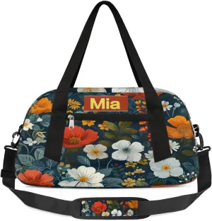 Personalized Sports Bag Dance Bag, Custom Name Sport Fitness Duffel Gym Bag Travel Weekender Lightweight Swim Outdoor Bags, Colorful Floral with Green Leaves