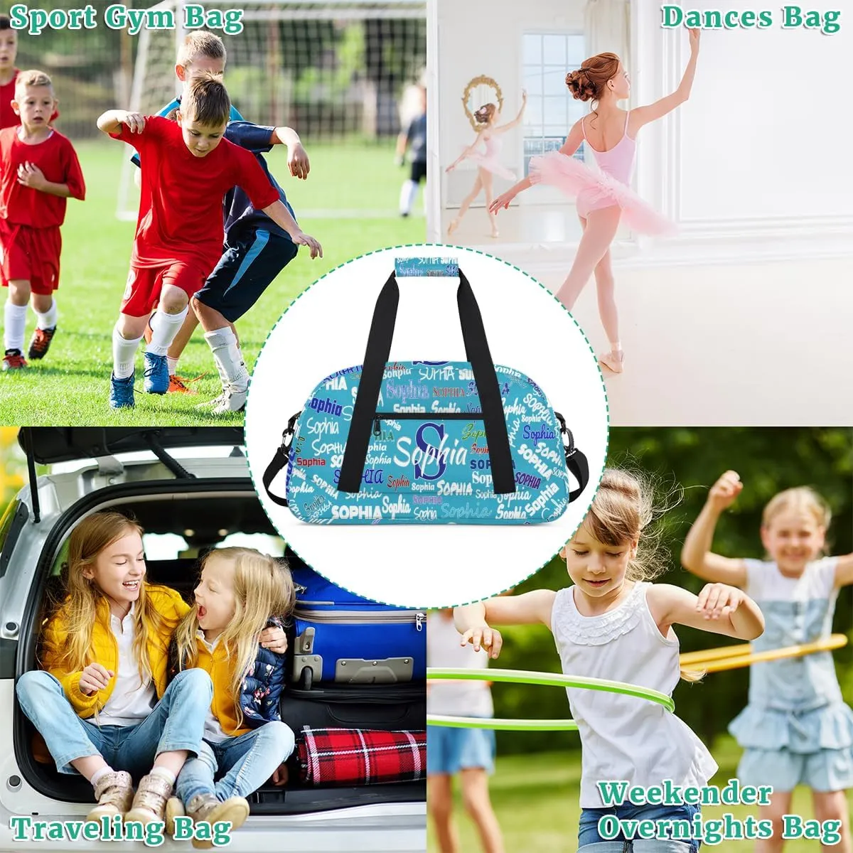 Personalized Sports Bag for Boys, Custom Sport Gym Cheerleading Duffel Bag Weekender Bags Travel Duffel Bag, Sky Blue Solid Color
