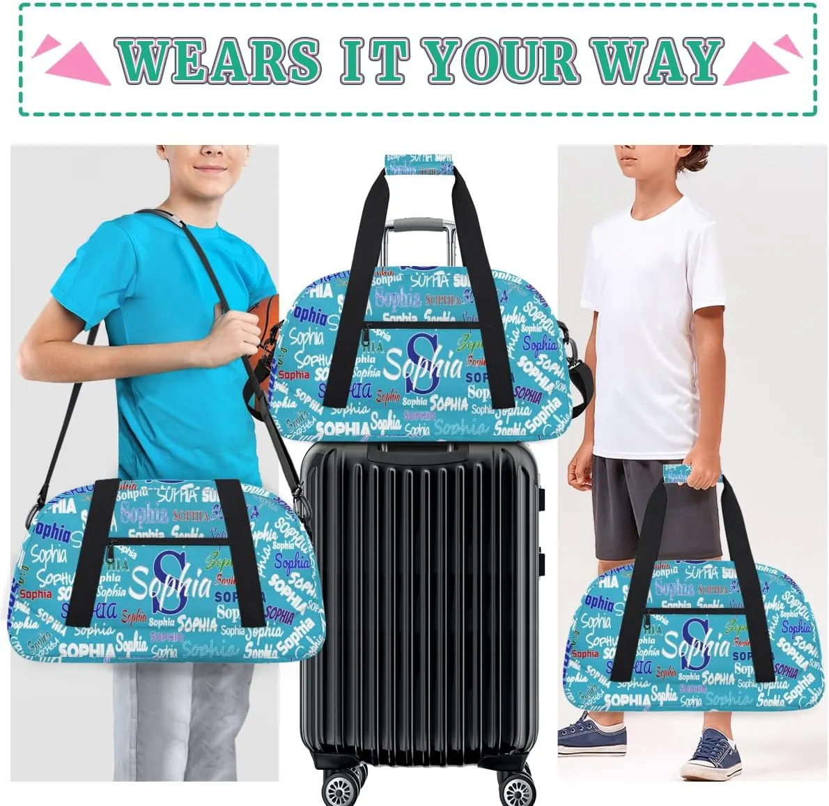 Personalized Sports Bag for Boys, Custom Sport Gym Cheerleading Duffel Bag Weekender Bags Travel Duffel Bag, Sky Blue Solid Color