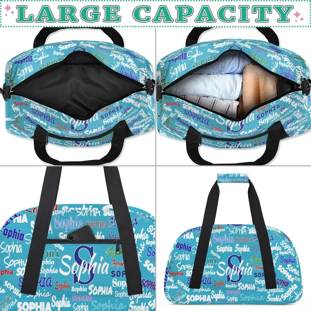Personalized Sports Bag for Boys, Custom Sport Gym Cheerleading Duffel Bag Weekender Bags Travel Duffel Bag, Sky Blue Solid Color