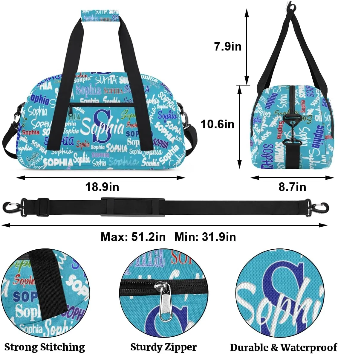 Personalized Sports Bag for Boys, Custom Sport Gym Cheerleading Duffel Bag Weekender Bags Travel Duffel Bag, Sky Blue Solid Color