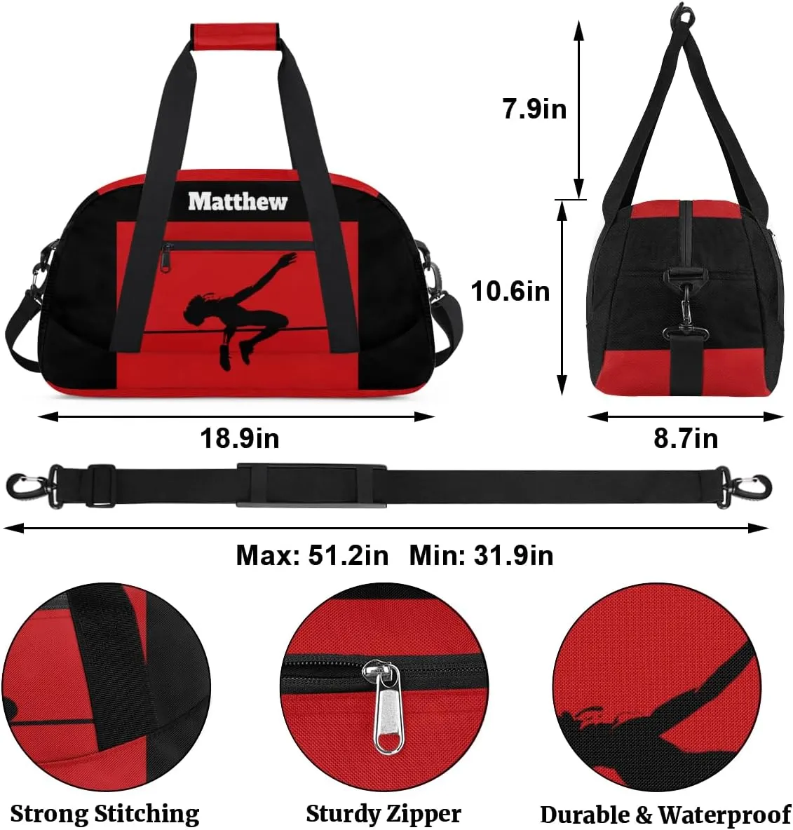 Personalized Sports Duffel Bag Boy, Custom Gym Bag Sport Duffel Bag Weekender Bags Travel Swimming Duffel Named Bag, Jump Player, Black Red Background