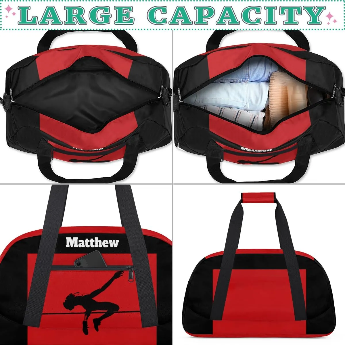 Personalized Sports Duffel Bag Boy, Custom Gym Bag Sport Duffel Bag Weekender Bags Travel Swimming Duffel Named Bag, Jump Player, Black Red Background