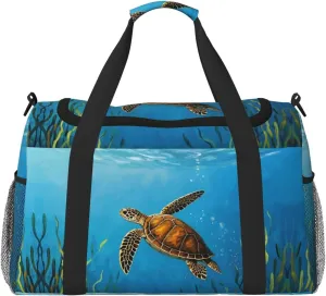 Personalized Sports Duffel Bags Gym Bag Dance Bag, Personalized Custom Travel Duffle Bag Tote Bag, Customized Travel Bag Overnight Weekender Sleepover Bag, Sea Ocean Turtle Seaweed