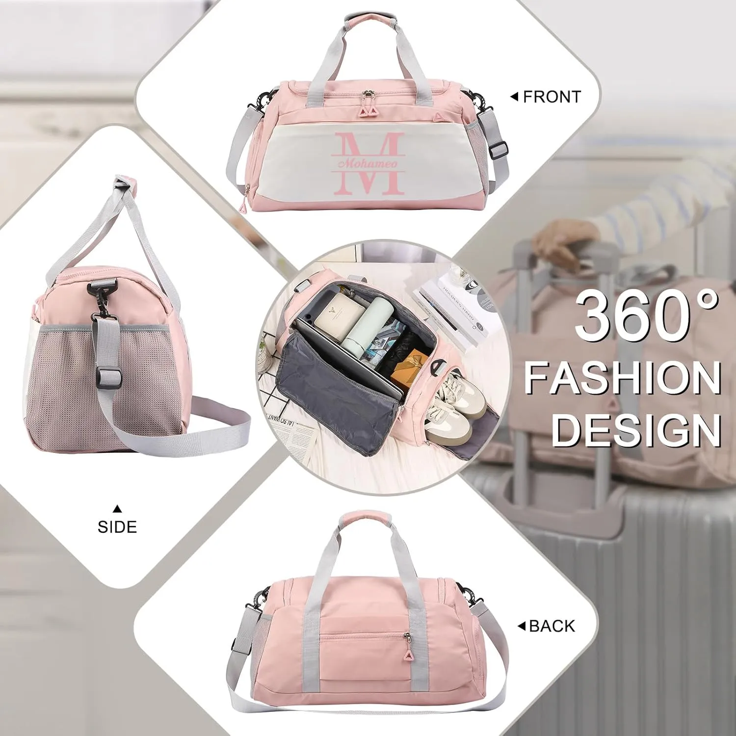 Personalized Travel Duffel Bag: Custom Large Waterproof Travel Bag with Name and Letter - Travel Luggage Bag with Shoes Compartment for Women Men