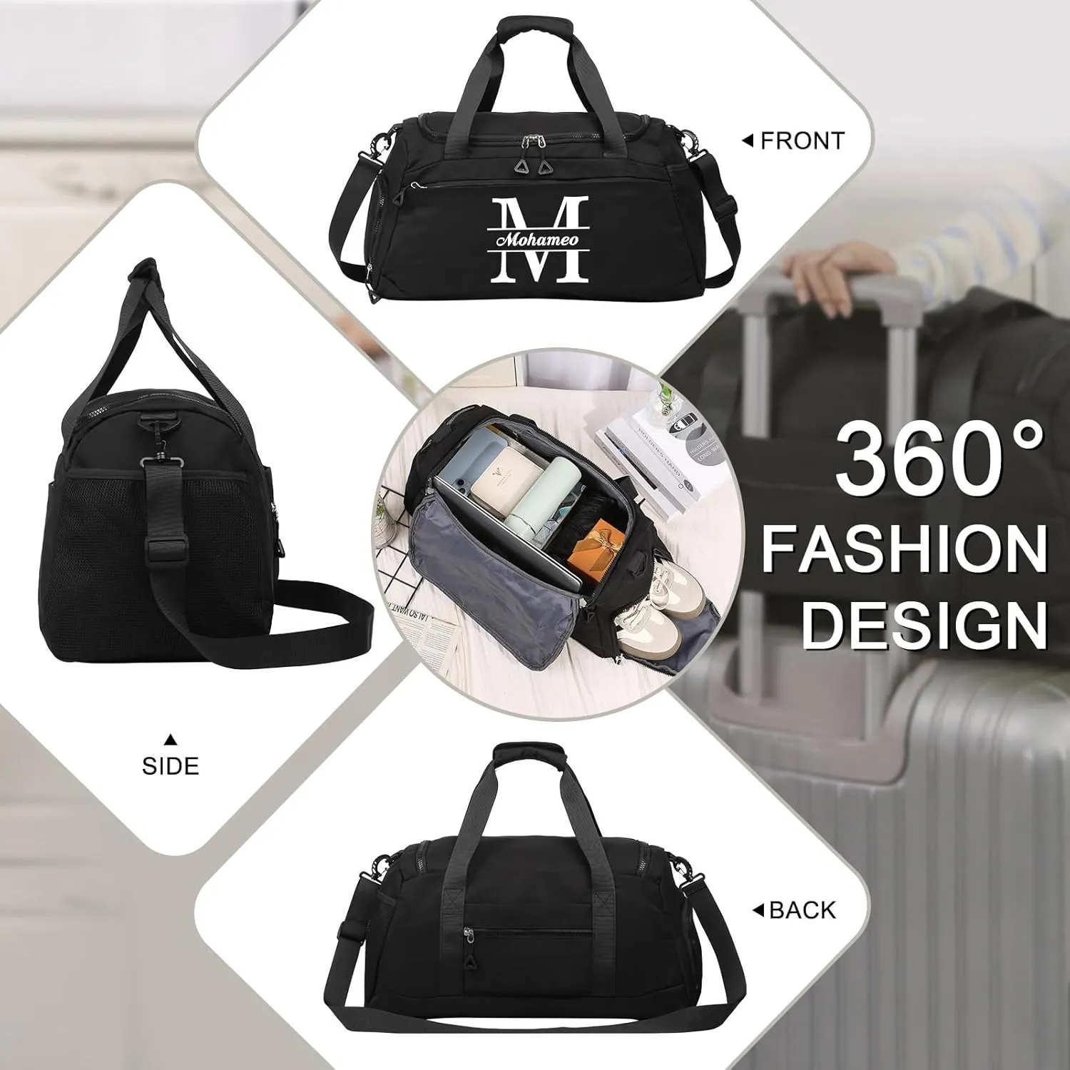 Personalized Travel Duffel Bag: Custom Large Waterproof Travel Bag with Name and Letter - Travel Luggage Bag with Shoes Compartment for Women Men