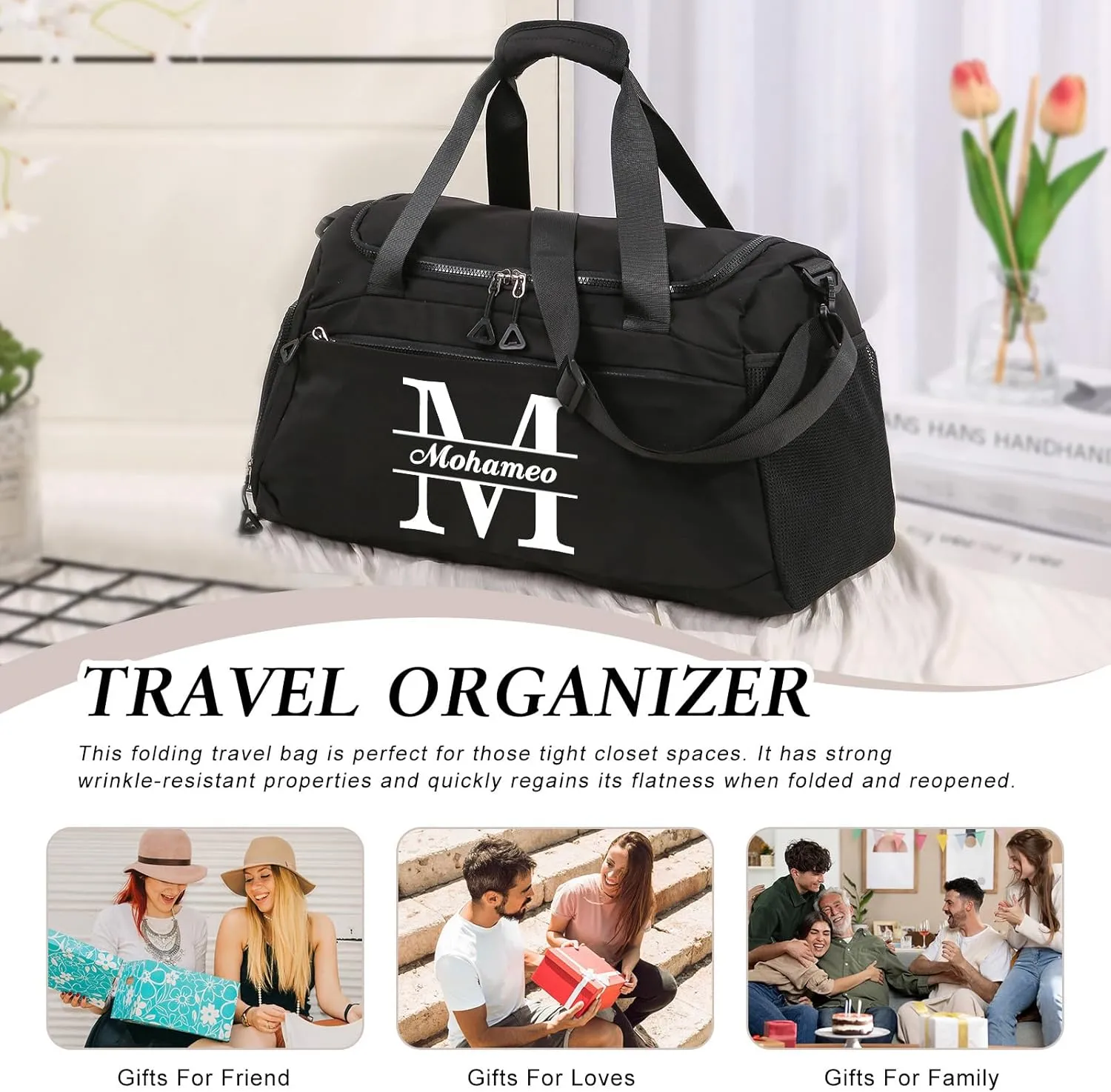 Personalized Travel Duffel Bag: Custom Large Waterproof Travel Bag with Name and Letter - Travel Luggage Bag with Shoes Compartment for Women Men