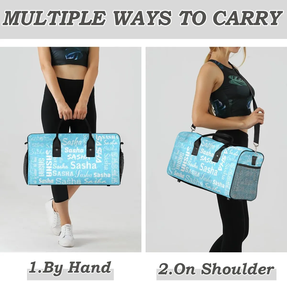 Personalized Travel Duffel Bag for Women Men, Custom Name Gym Duffel Bags Sports Overnight Weekender Bags Birthday Gift, Blue Sequins (No Glitter)