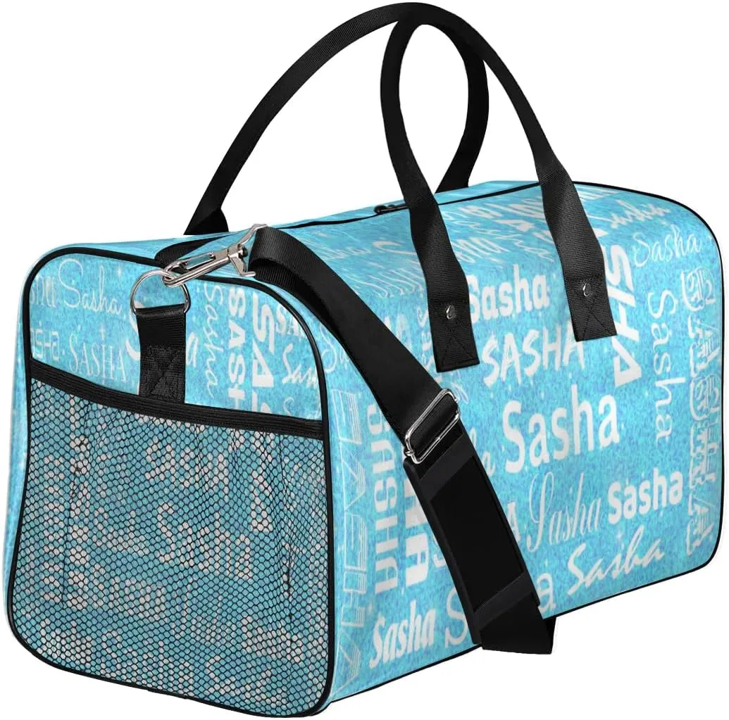 Personalized Travel Duffel Bag for Women Men, Custom Name Gym Duffel Bags Sports Overnight Weekender Bags Birthday Gift, Blue Sequins (No Glitter)