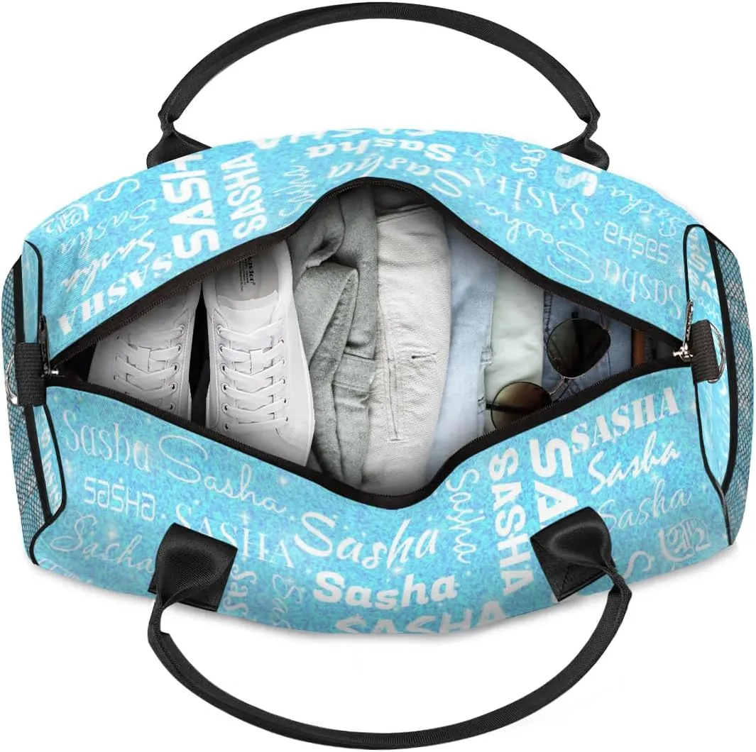 Personalized Travel Duffel Bag for Women Men, Custom Name Gym Duffel Bags Sports Overnight Weekender Bags Birthday Gift, Blue Sequins (No Glitter)