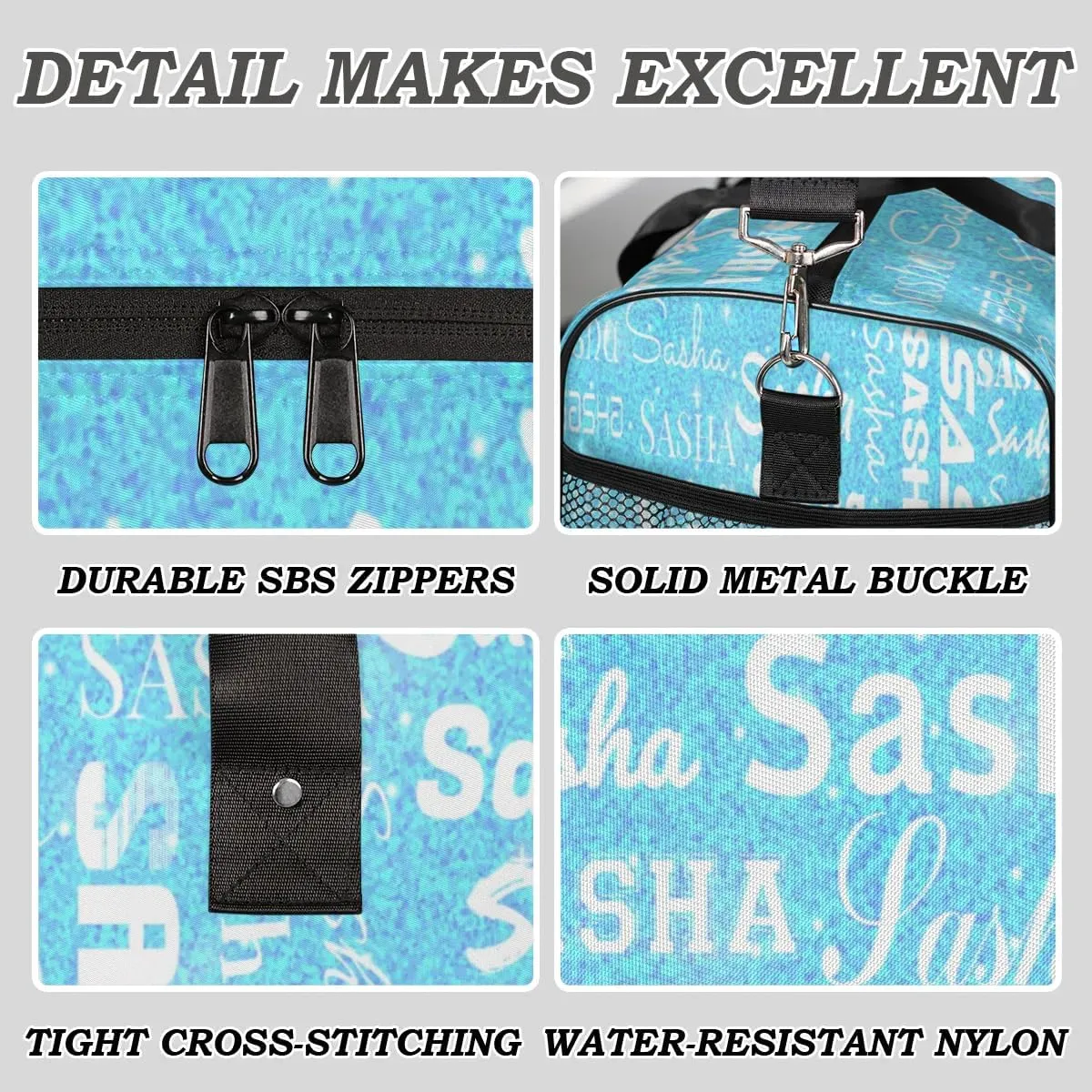 Personalized Travel Duffel Bag for Women Men, Custom Name Gym Duffel Bags Sports Overnight Weekender Bags Birthday Gift, Blue Sequins (No Glitter)