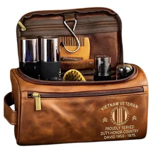 Personalized Vietnam Veteran Leather Toiletry Bag, Storage Bag Proudly Served Duty Honor Country Custom Leather Toiletry Bag For Men Women Personalized Travel Hanging Toiletry Bag Travel Organizer