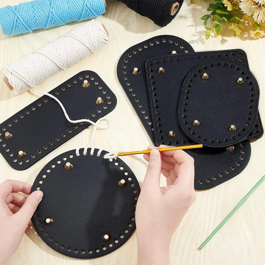 PH PandaHall 5 Style Crochet Bag Bottom PU Leather Bottom Shaper Pad Black Hand-Woven Bag Cushion Base with Holes Crochet Basket Base for DIY Handbag Shoulder Bucket Bags Purse Making Supplies