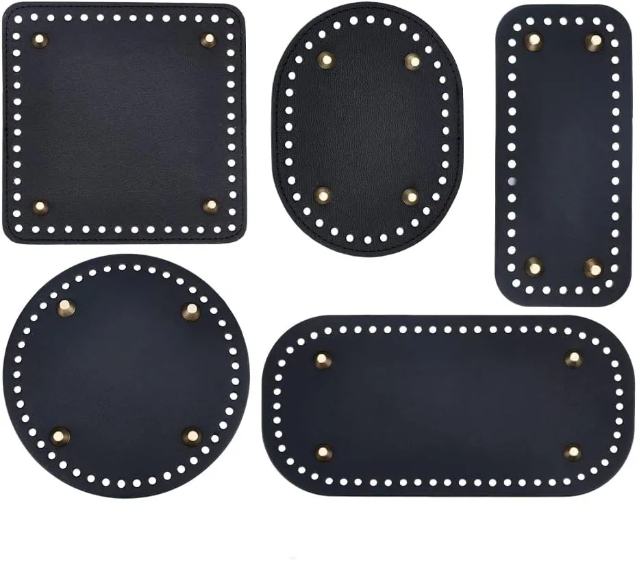 PH PandaHall 5 Style Crochet Bag Bottom PU Leather Bottom Shaper Pad Black Hand-Woven Bag Cushion Base with Holes Crochet Basket Base for DIY Handbag Shoulder Bucket Bags Purse Making Supplies