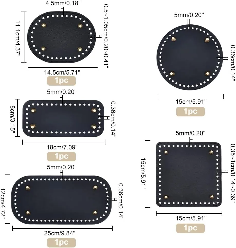 PH PandaHall 5 Style Crochet Bag Bottom PU Leather Bottom Shaper Pad Black Hand-Woven Bag Cushion Base with Holes Crochet Basket Base for DIY Handbag Shoulder Bucket Bags Purse Making Supplies