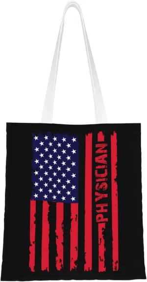 Physician Usa Flag Tote Bag for Women Canvas Shopping Bags Reusable Large Capacity Casual Shoulder Handbags Grocery Bags DIY Gift Bags