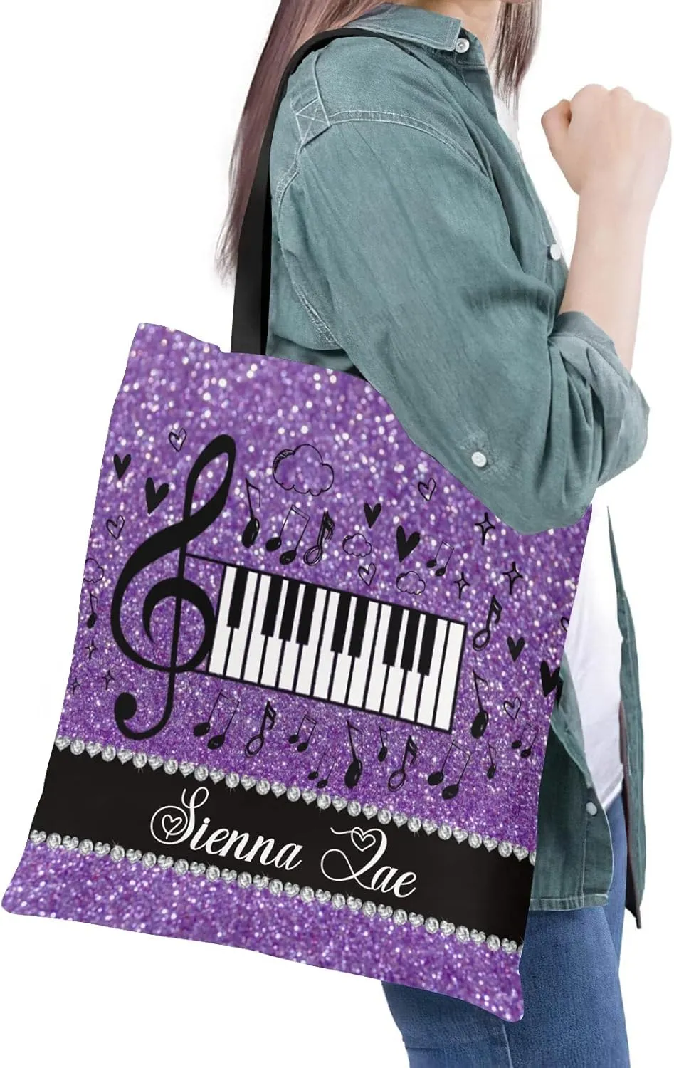 Piano Music Notes Canvas Tote Bag Custom Beach Travel Grocery School Shoulder Bag