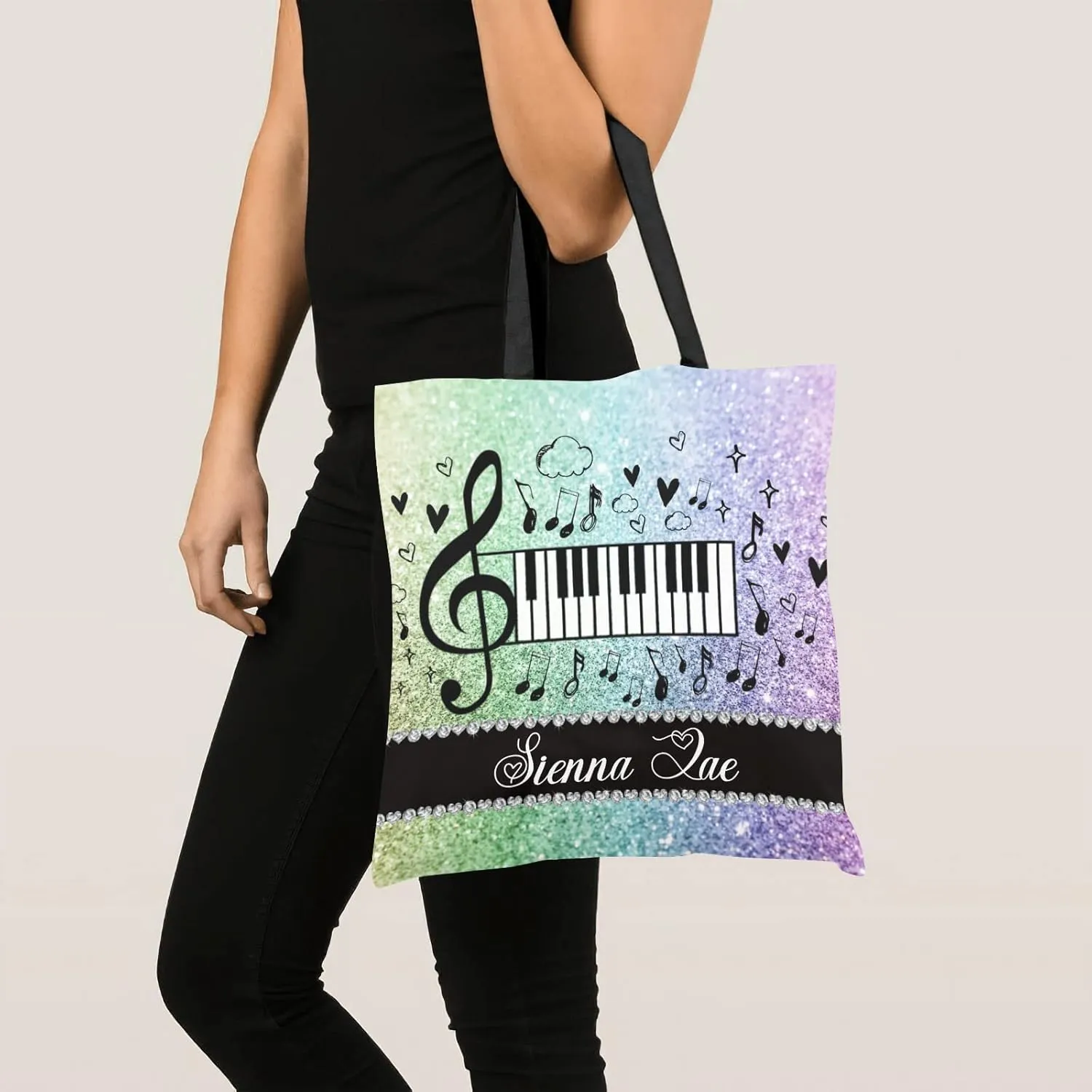 Piano Music Notes Canvas Tote Bag Custom Beach Travel Grocery School Shoulder Bag