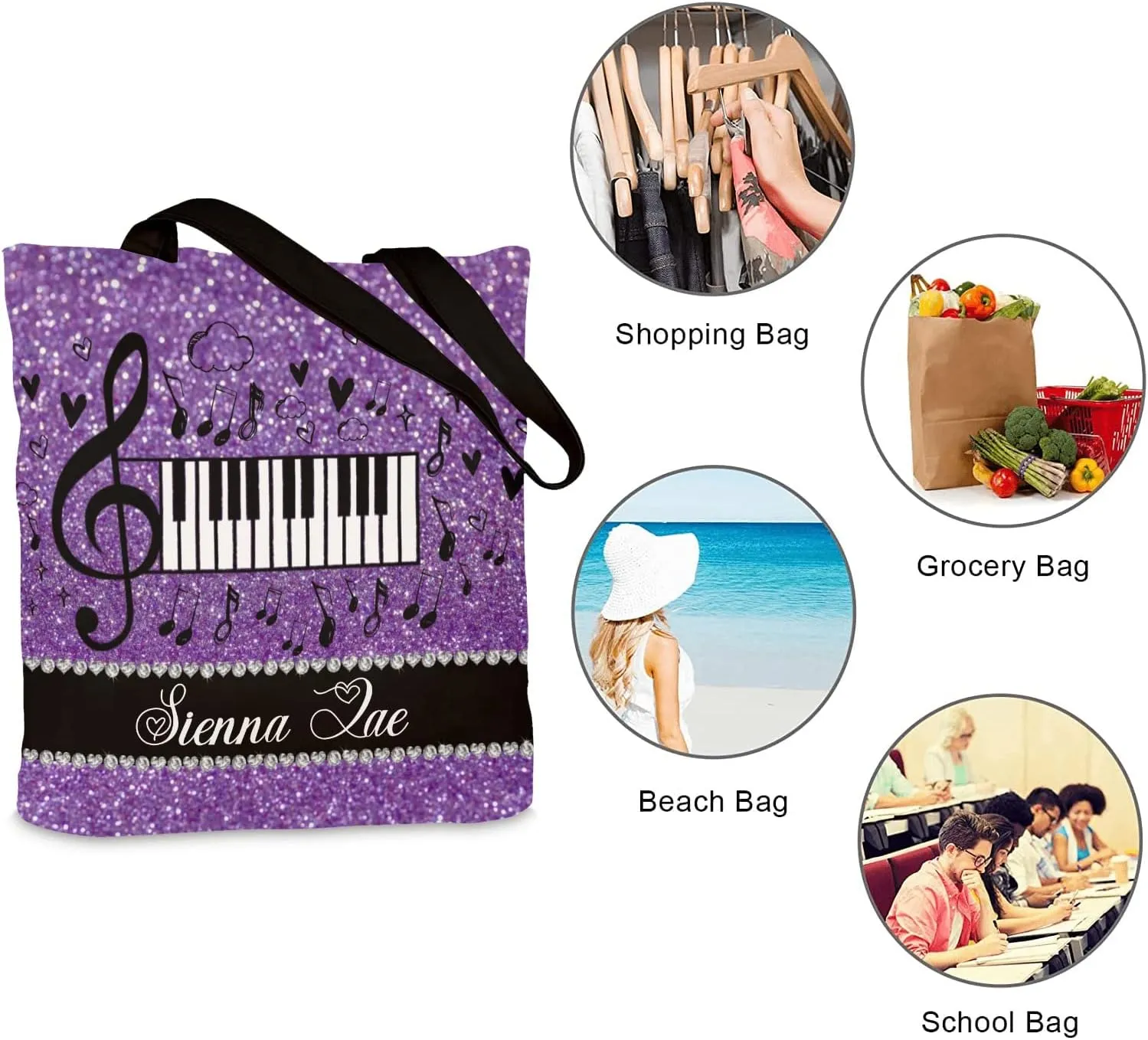 Piano Music Notes Canvas Tote Bag Custom Beach Travel Grocery School Shoulder Bag