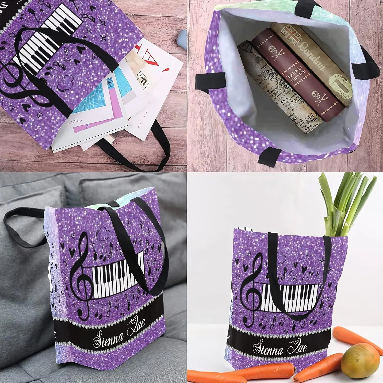 Piano Music Notes Canvas Tote Bag Custom Beach Travel Grocery School Shoulder Bag