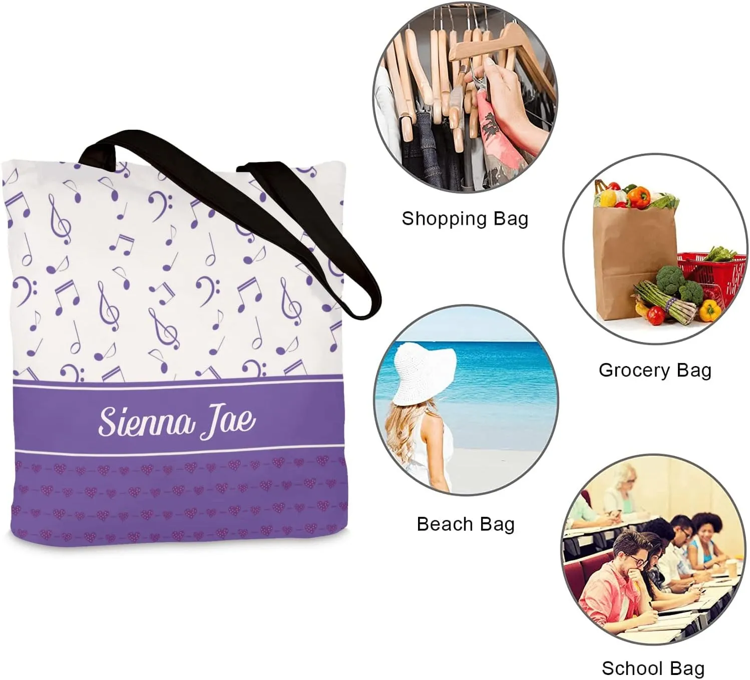 Piano Music Notes Canvas Tote Bag Custom Beach Travel Grocery School Shoulder Bag