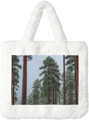 Pine Trees and Snow Printed Plush Handbag, White Soft Faux Rabbit Fur Shoulder Bag for Women, Suitable for Autumn and Winter