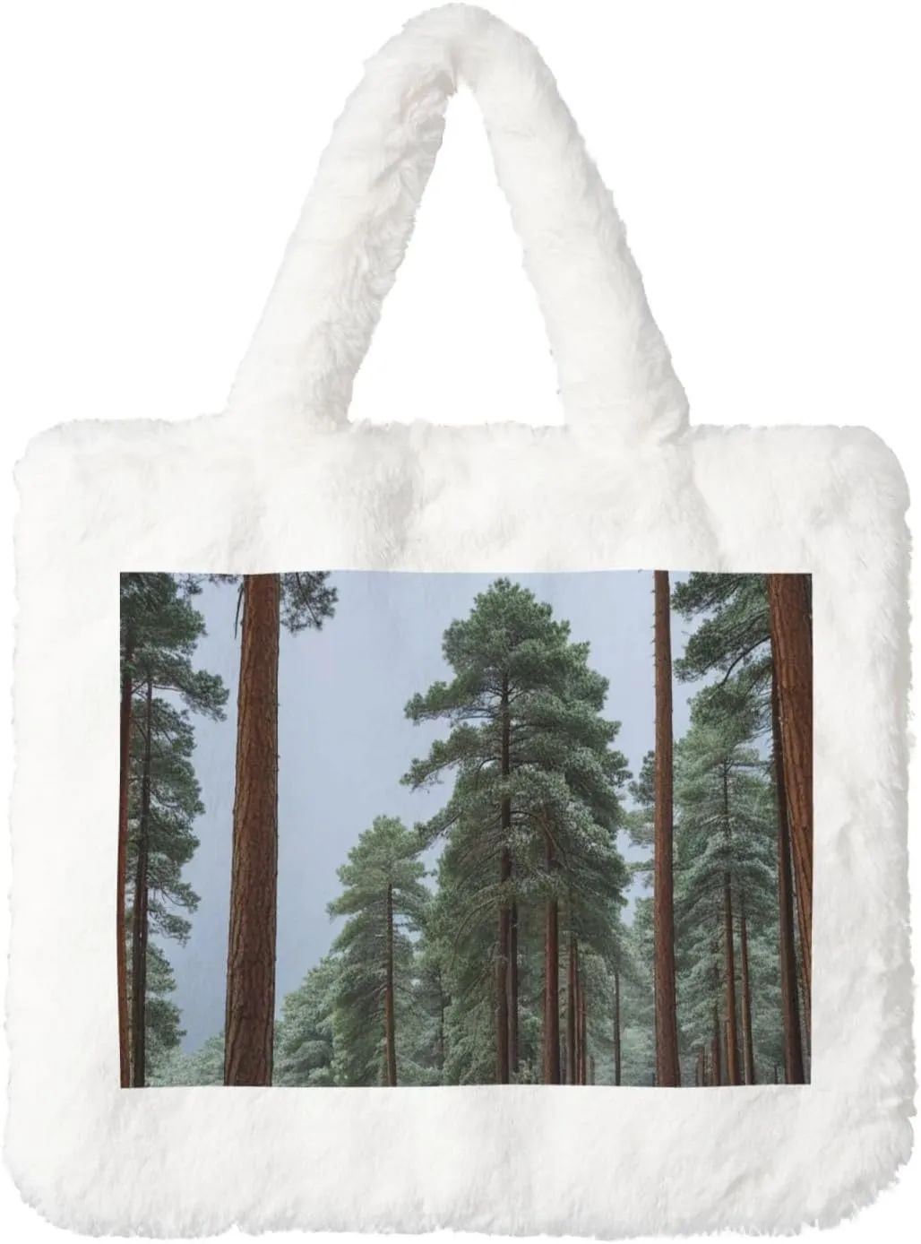 Pine Trees and Snow Printed Plush Handbag, White Soft Faux Rabbit Fur Shoulder Bag for Women, Suitable for Autumn and Winter