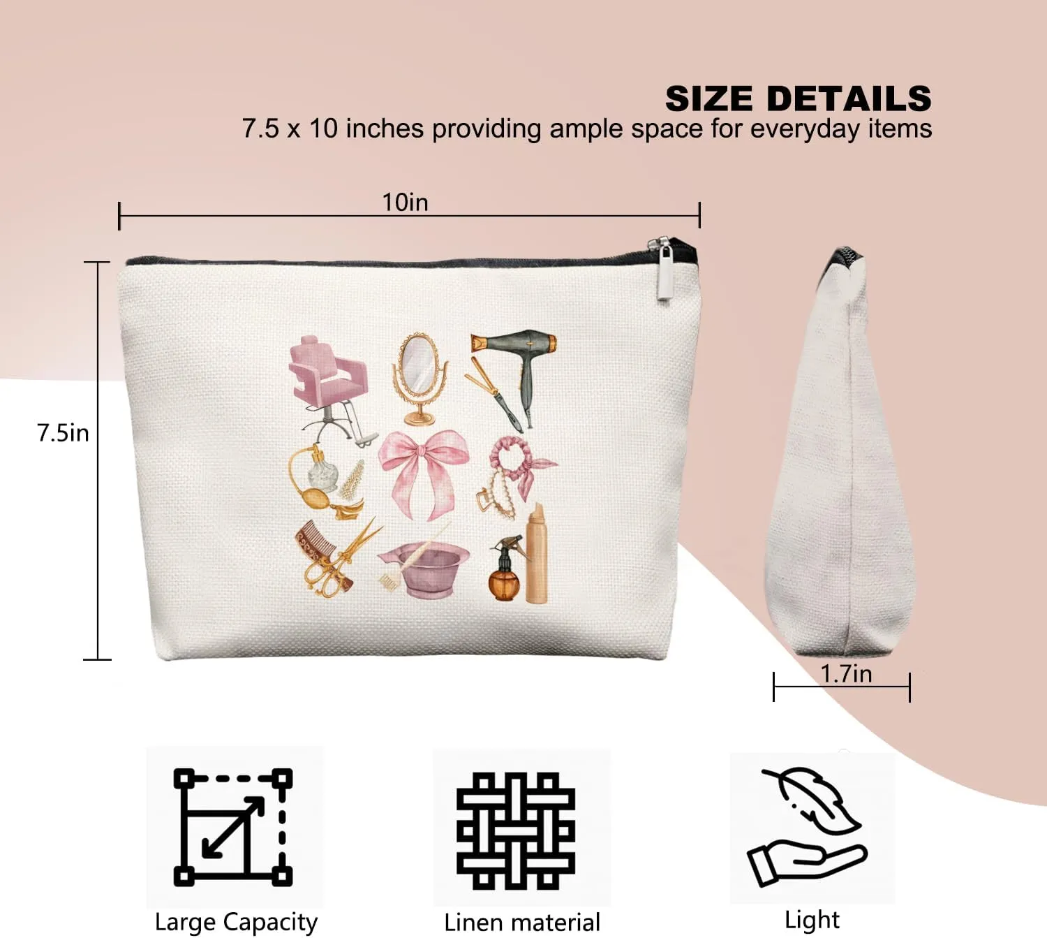 Pink Hairstylist Makeup Bag for Women, Cosmetology Student Gifts, Hairdresser Travel Cosmetic Organizer Pouch, Cute Salon Accessories for Teen Girls, Aesthetic Beauty Bag 7.5 x 10 in